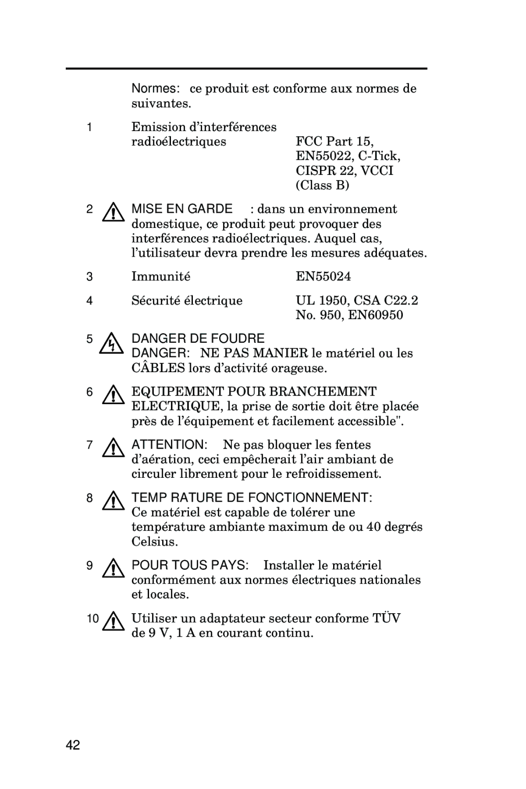 Allied Telesis AT-FS708LE manual Equipement Pour Branchement, Température DE Fonctionnement 