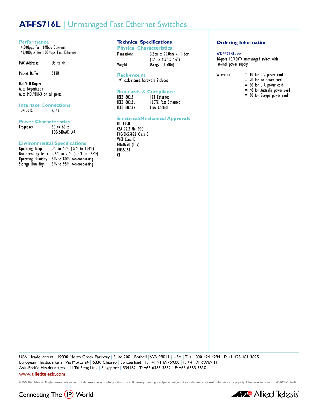 Allied Telesis manual AT-FS716L Unmanaged Fast Ethernet Switches 