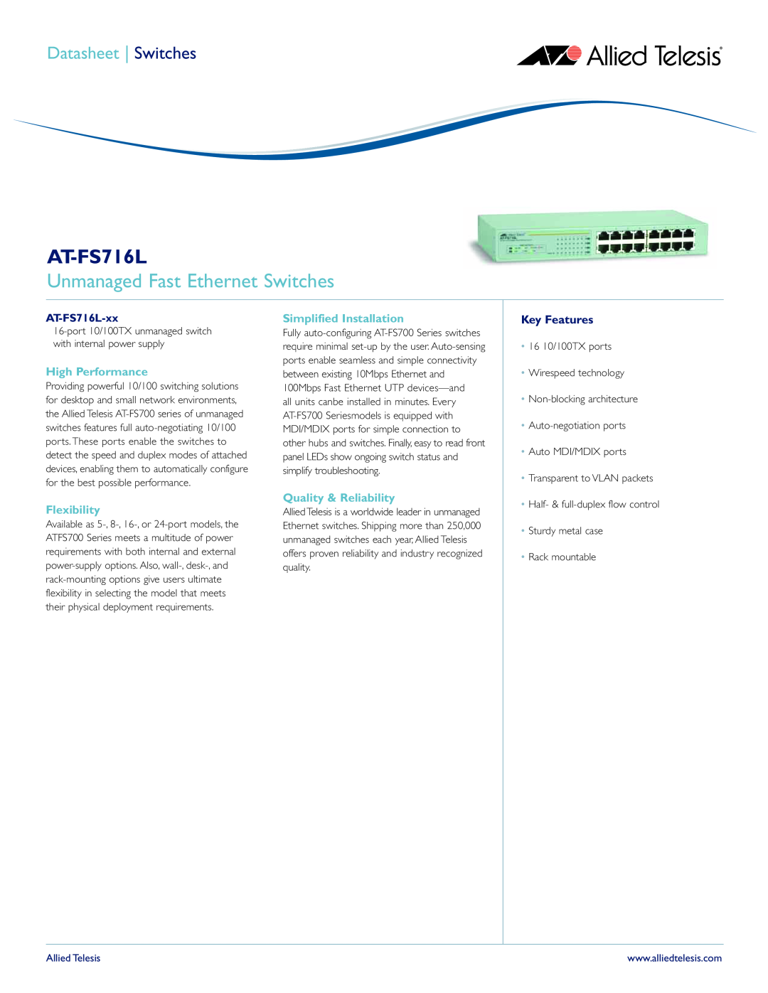 Allied Telesis AT-FS716L manual Unmanaged Fast Ethernet Switches, High Performance, Flexibility, Simplified Installation 