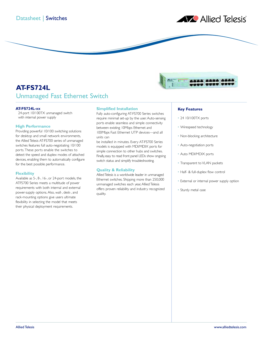 Allied Telesis AT-FS724L manual Unmanaged Fast Ethernet Switch, High Performance, Flexibility, Simplified Installation 