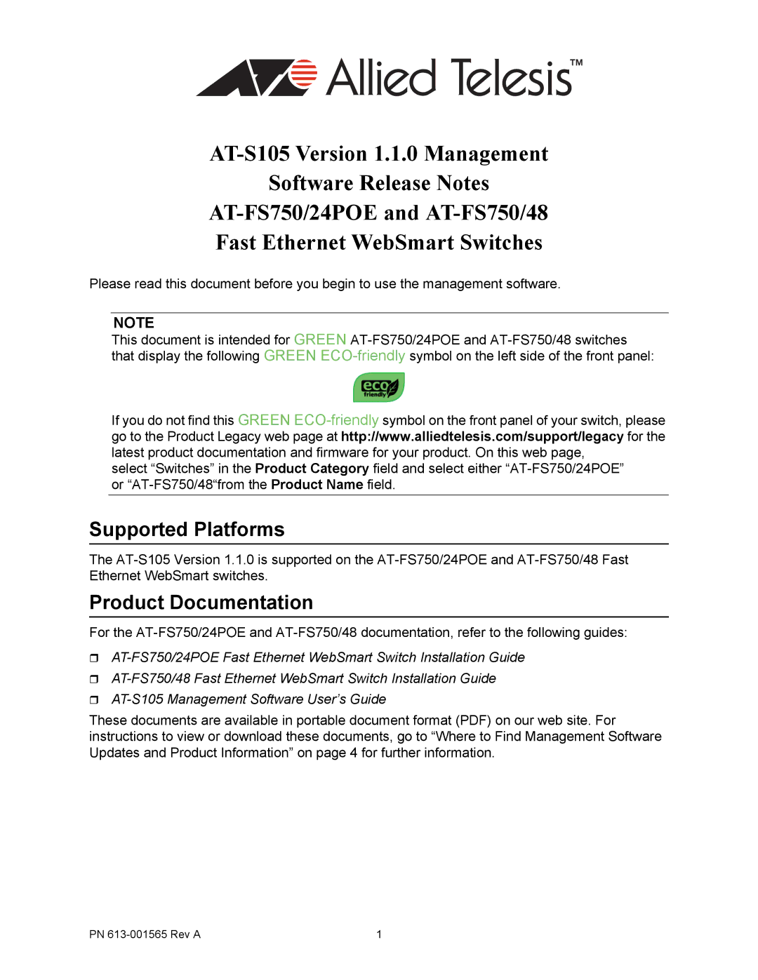 Allied Telesis AT-FS750/48, AT-FS750/24POE manual Supported Platforms, Product Documentation 