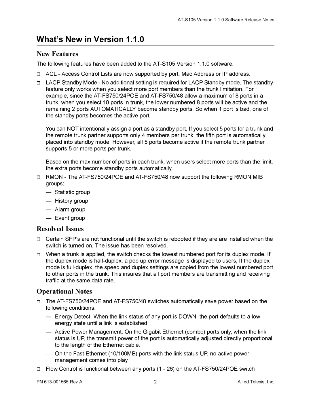 Allied Telesis AT-FS750/24POE, AT-FS750/48 manual What’s New in Version, New Features, Resolved Issues, Operational Notes 