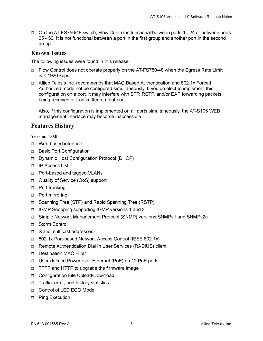 Allied Telesis AT-FS750/48, AT-FS750/24POE manual Known Issues, Features History 