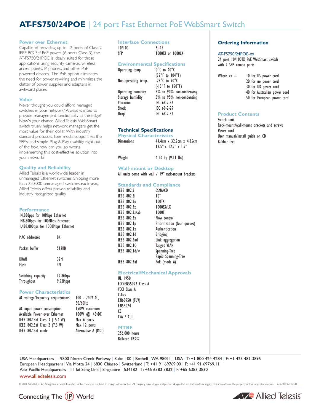 Allied Telesis AT-FS750/24POE-XX manual Power over Ethernet, Value, Quality and Reliability, Power Characteristics 