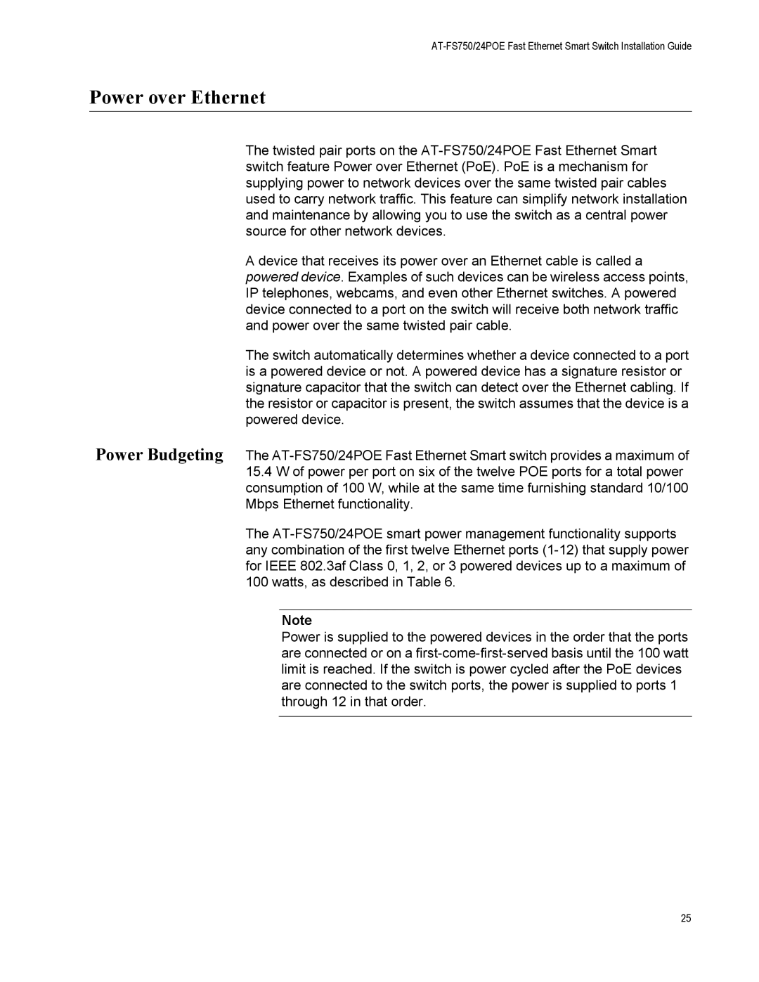 Allied Telesis AT-FS750/24POE manual Power over Ethernet 