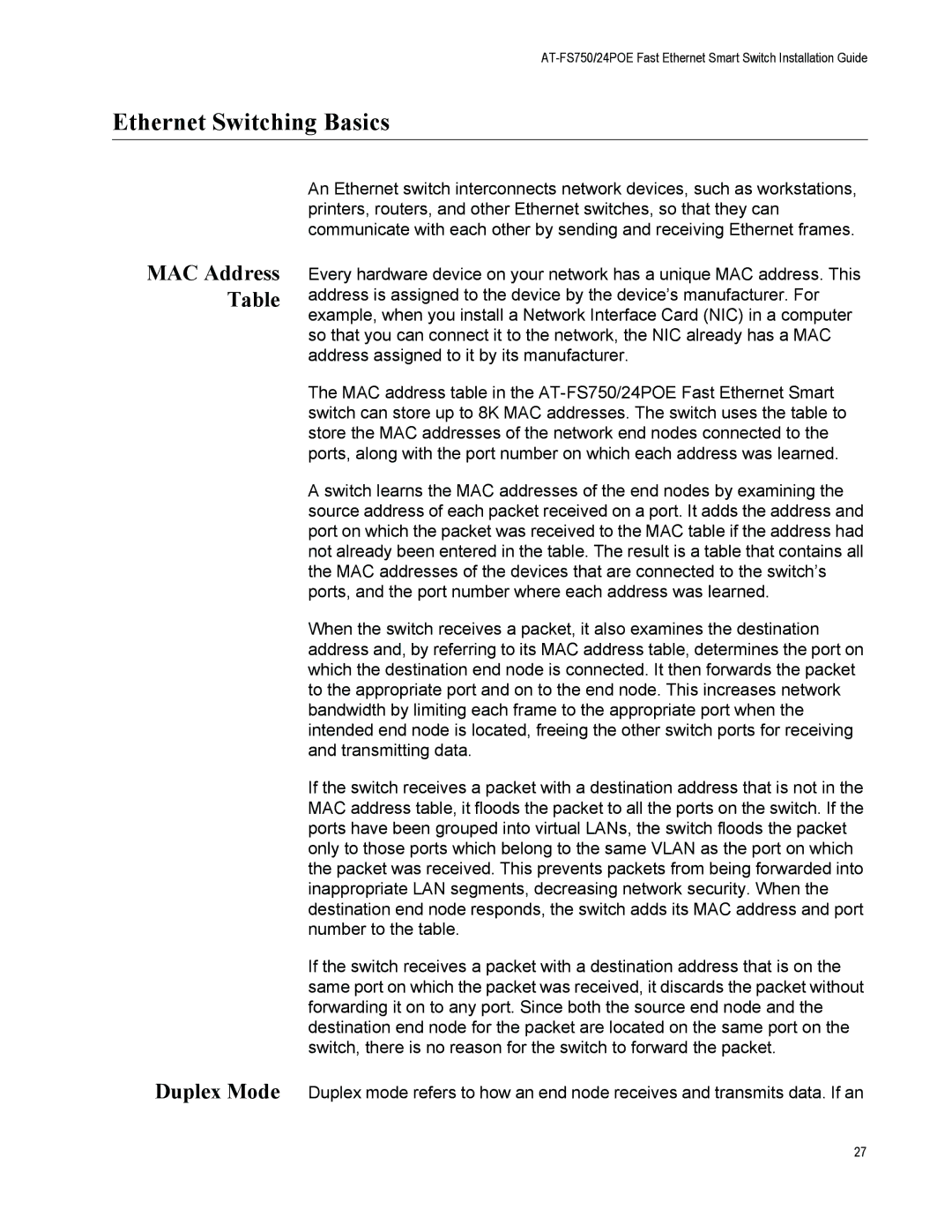 Allied Telesis AT-FS750/24POE manual Ethernet Switching Basics, MAC Address Table Duplex Mode 