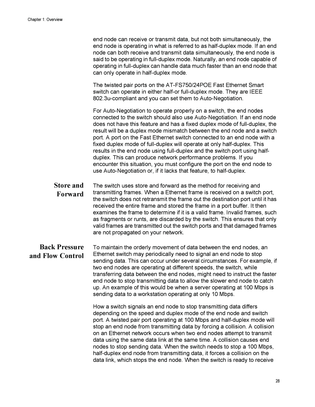 Allied Telesis AT-FS750/24POE manual Store Forward, Back Pressure and Flow Control 