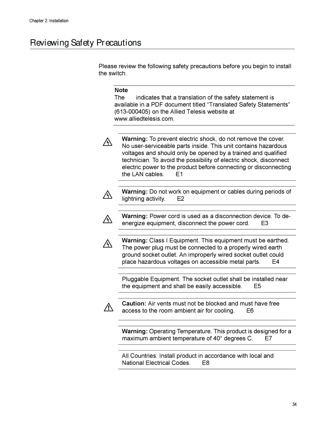 Allied Telesis AT-FS750/24POE manual Reviewing Safety Precautions 