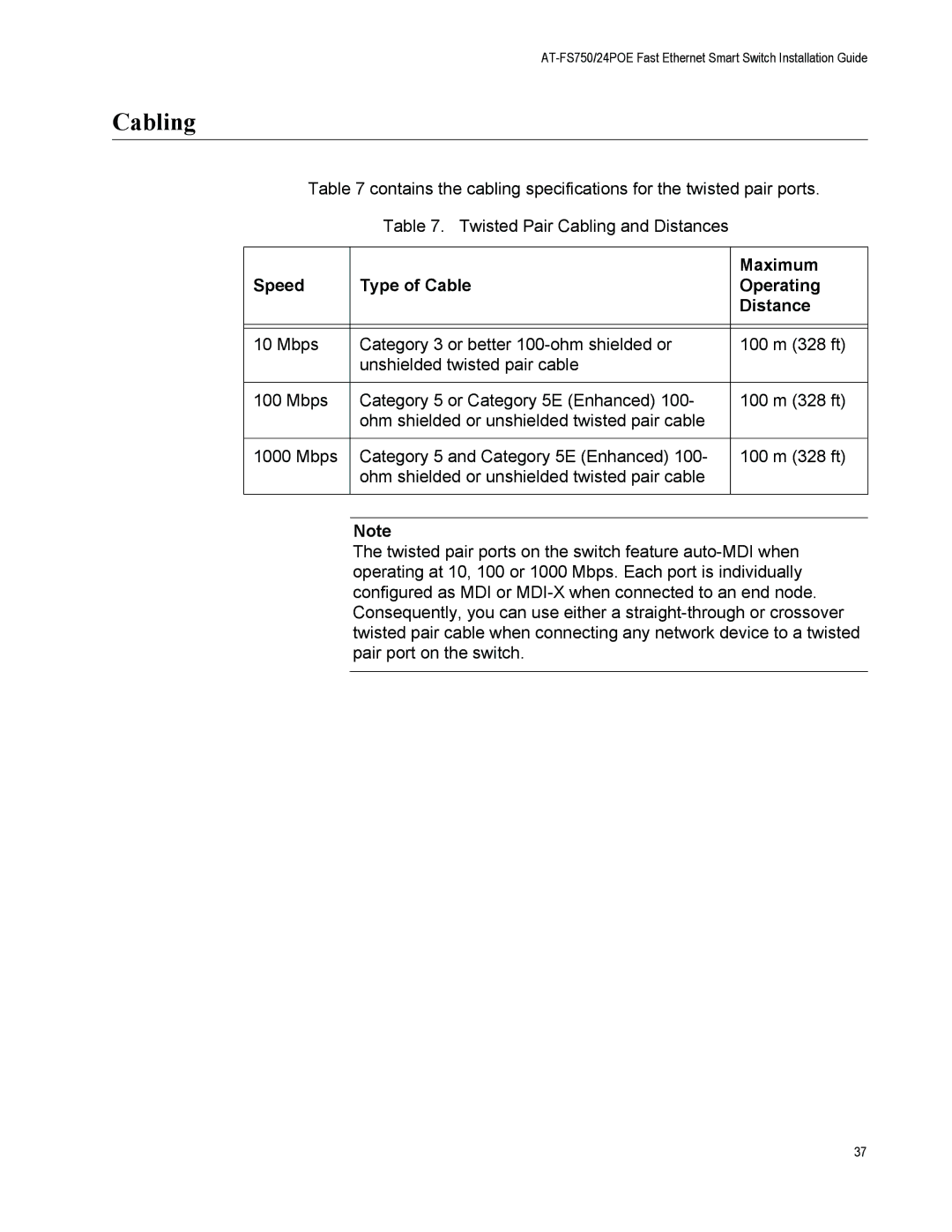 Allied Telesis AT-FS750/24POE manual Cabling, Speed Type of Cable Operating Distance 
