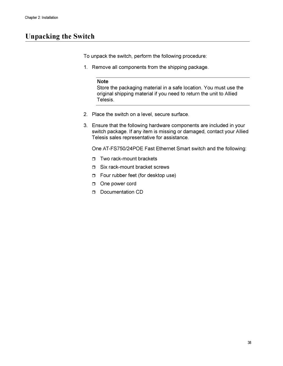 Allied Telesis AT-FS750/24POE manual Unpacking the Switch 