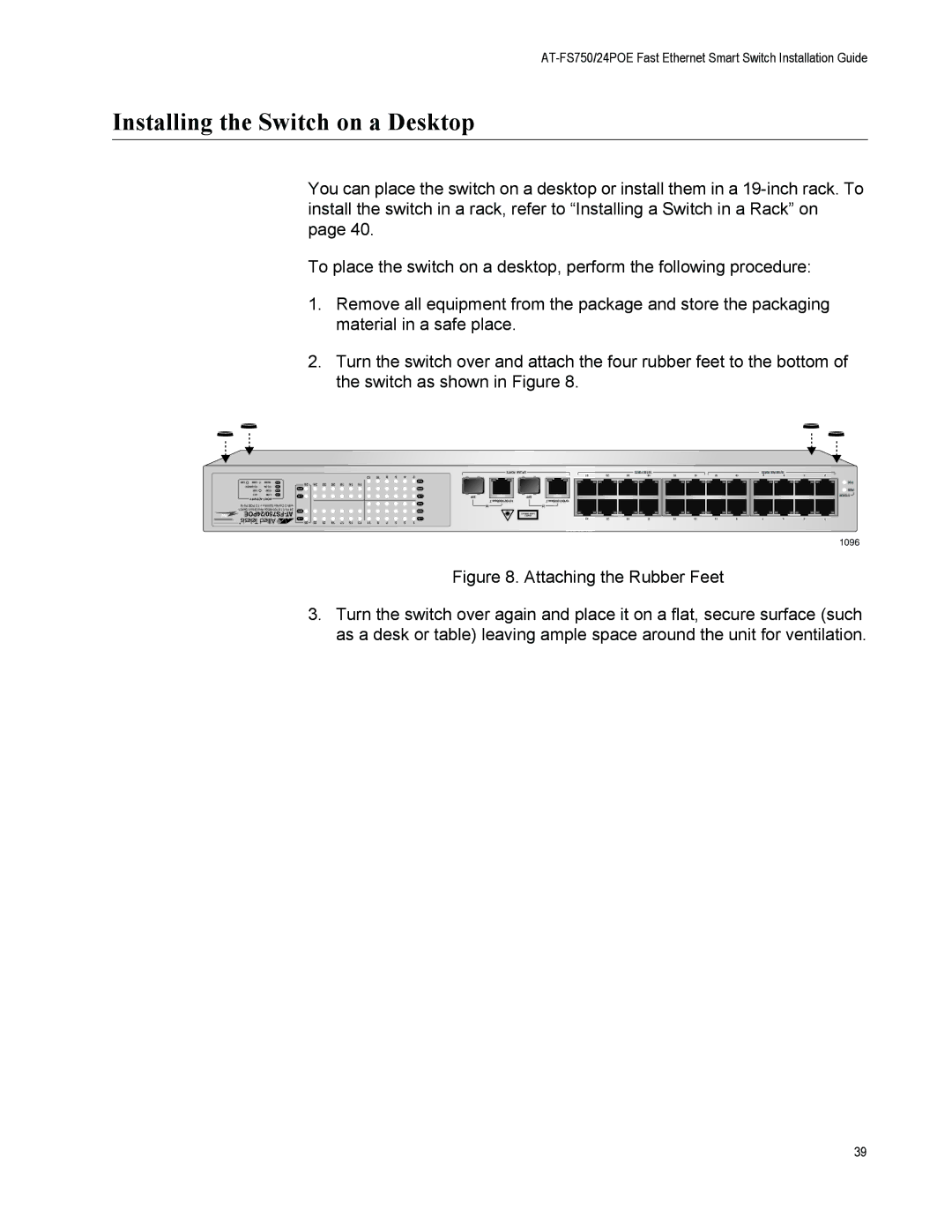 Allied Telesis AT-FS750/24POE manual Installing the Switch on a Desktop, Attaching the Rubber Feet 