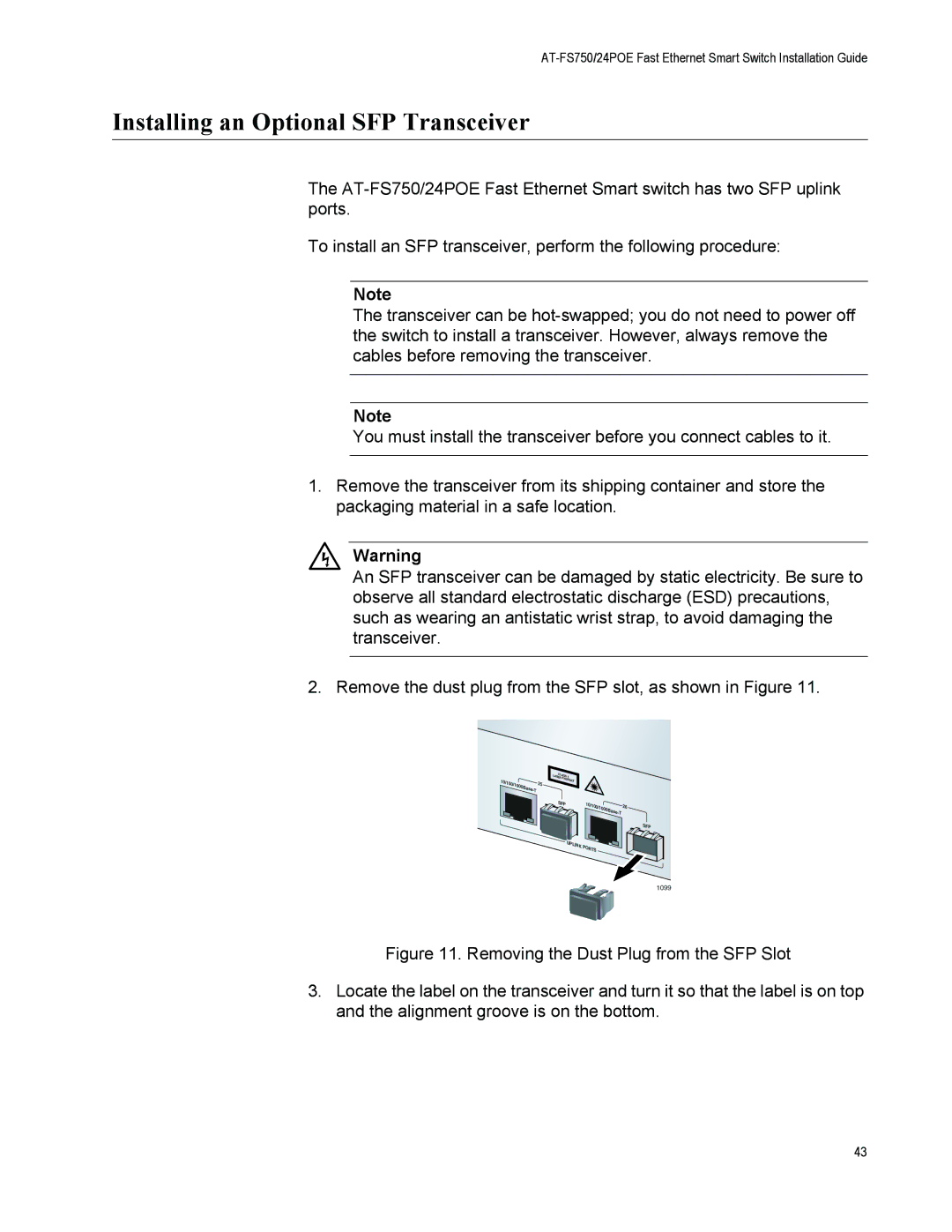 Allied Telesis AT-FS750/24POE manual Installing an Optional SFP Transceiver 