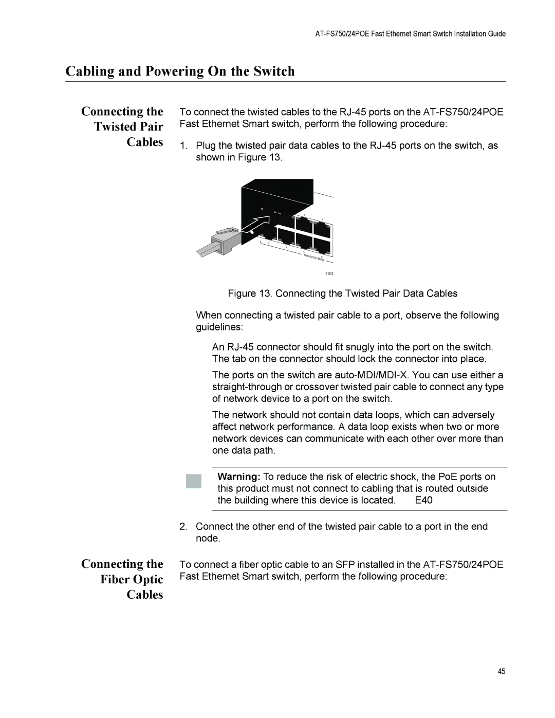 Allied Telesis AT-FS750/24POE manual Cabling and Powering On the Switch, Connecting Twisted Pair Cables 