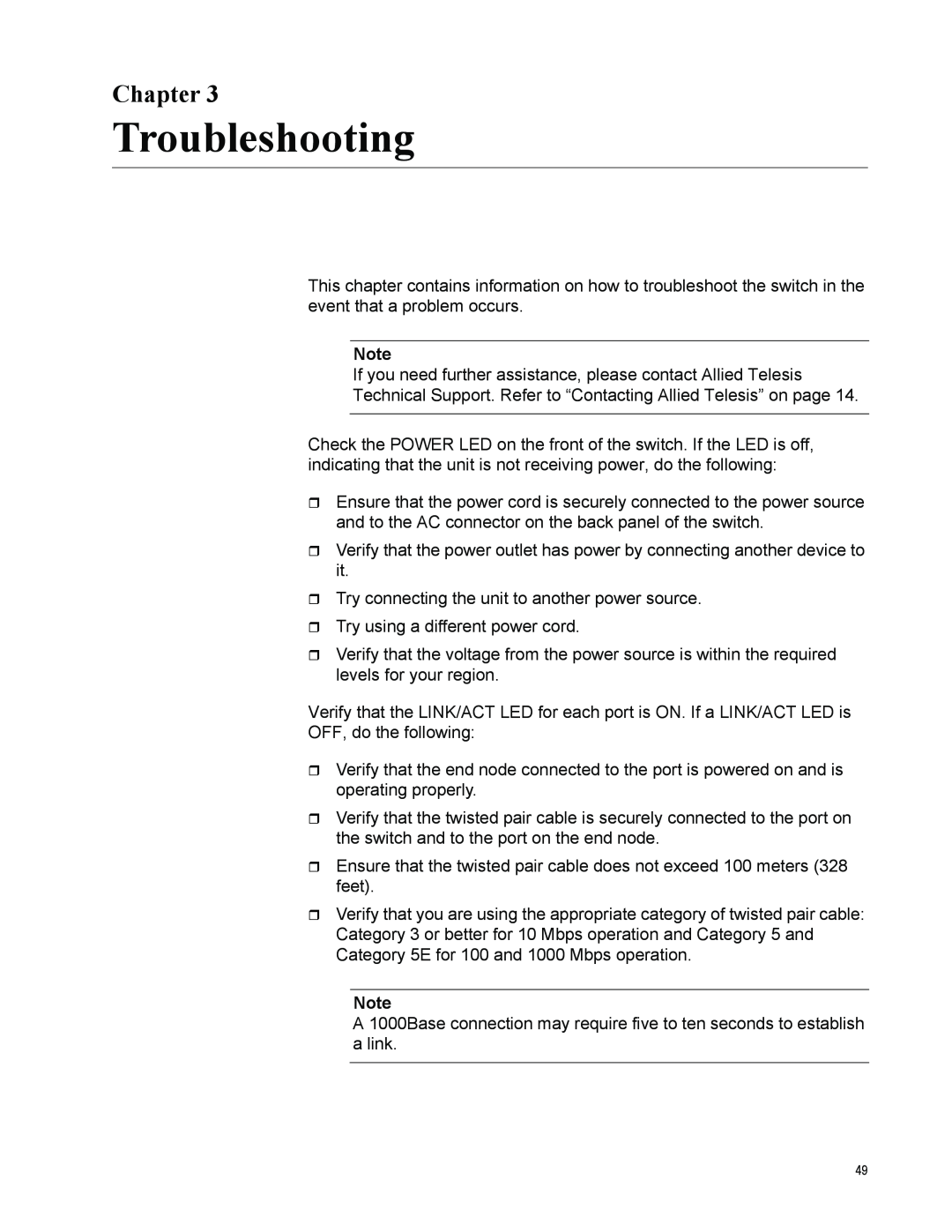 Allied Telesis AT-FS750/24POE manual Troubleshooting, Chapter 
