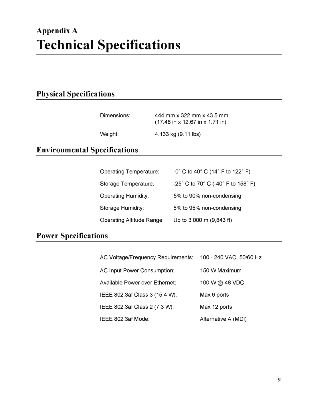 Allied Telesis AT-FS750/24POE Technical Specifications, Appendix A, Physical Specifications, Environmental Specifications 