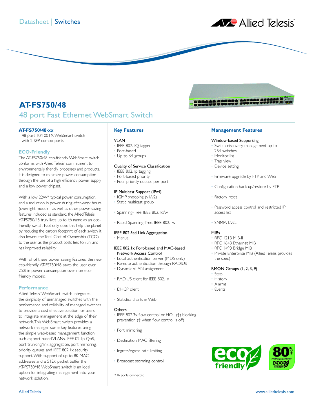 Allied Telesis AT-FS750/48 manual Port Fast Ethernet WebSmart Switch, ECO-Friendly, Performance 