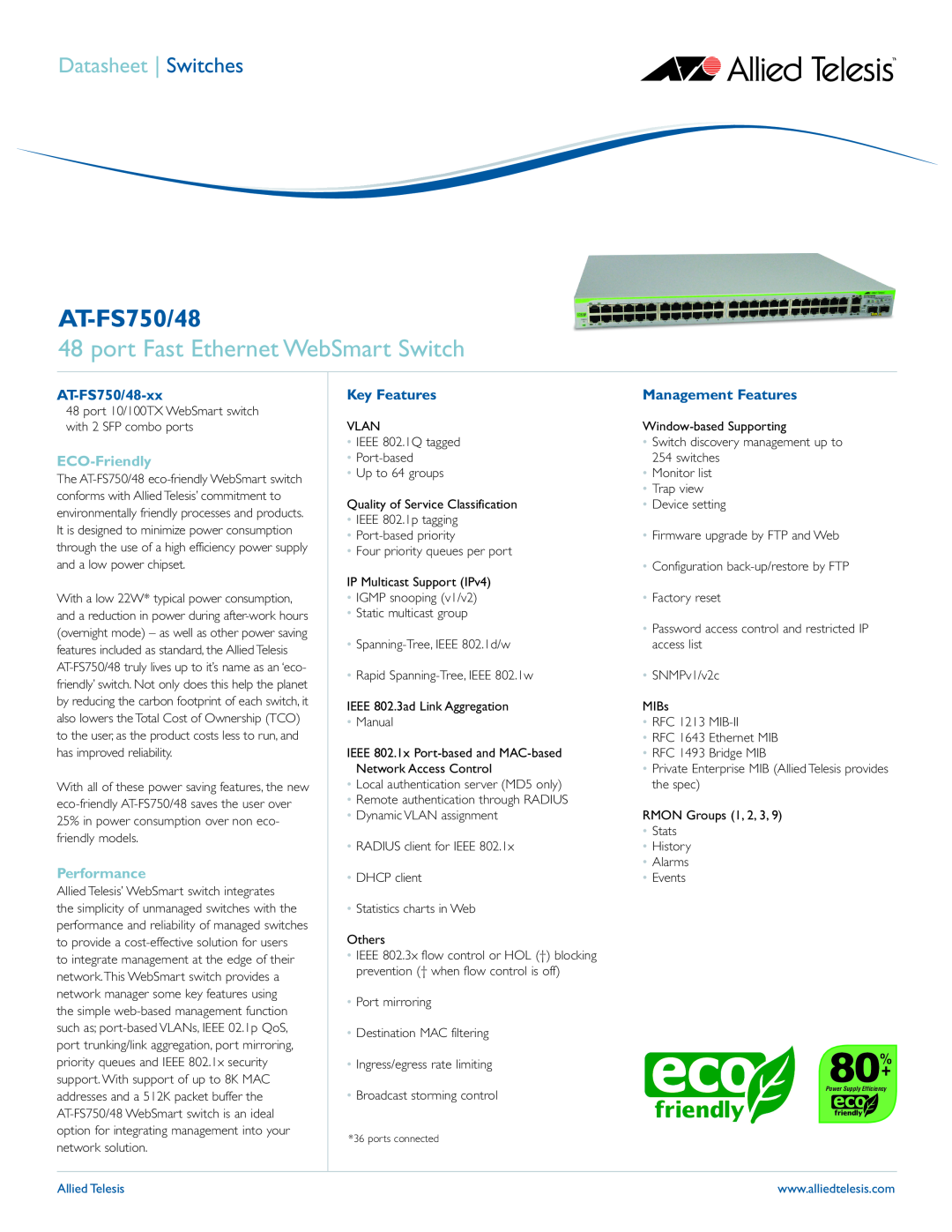 Allied Telesis manual port Fast Ethernet WebSmart Switch, AT-FS750/48-xx, Key Features, Management Features 