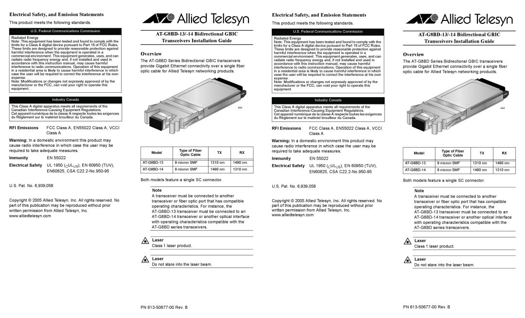Allied Telesis AT-G8BD-13/-14 instruction manual Electrical Safety, and Emission Statements, Immunity, Laser 