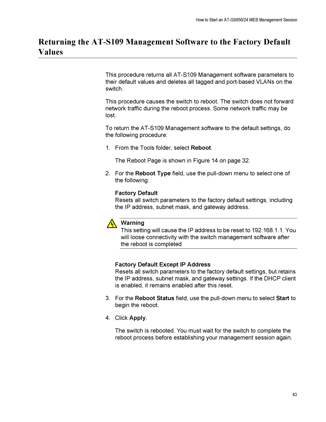 Allied Telesis AT-GS950/24, AT-GS24 manual Factory Default 