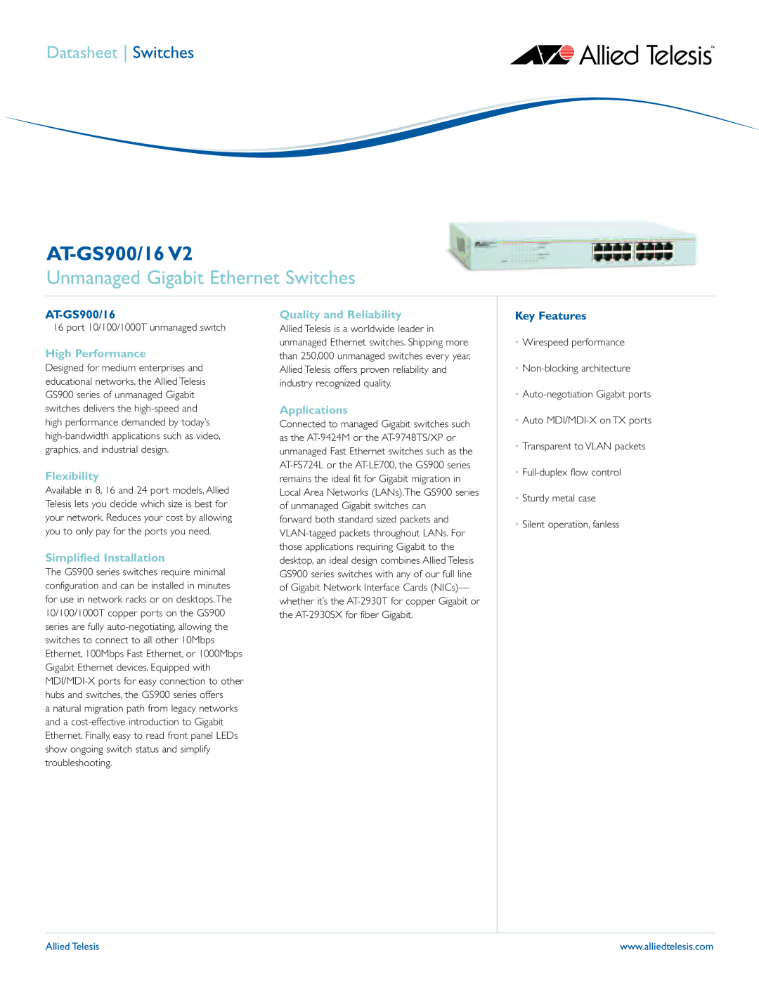 Allied Telesis AT-GS900/16 V2 manual Unmanaged Gigabit Ethernet Switches, High Performance, Flexibility, Applications 