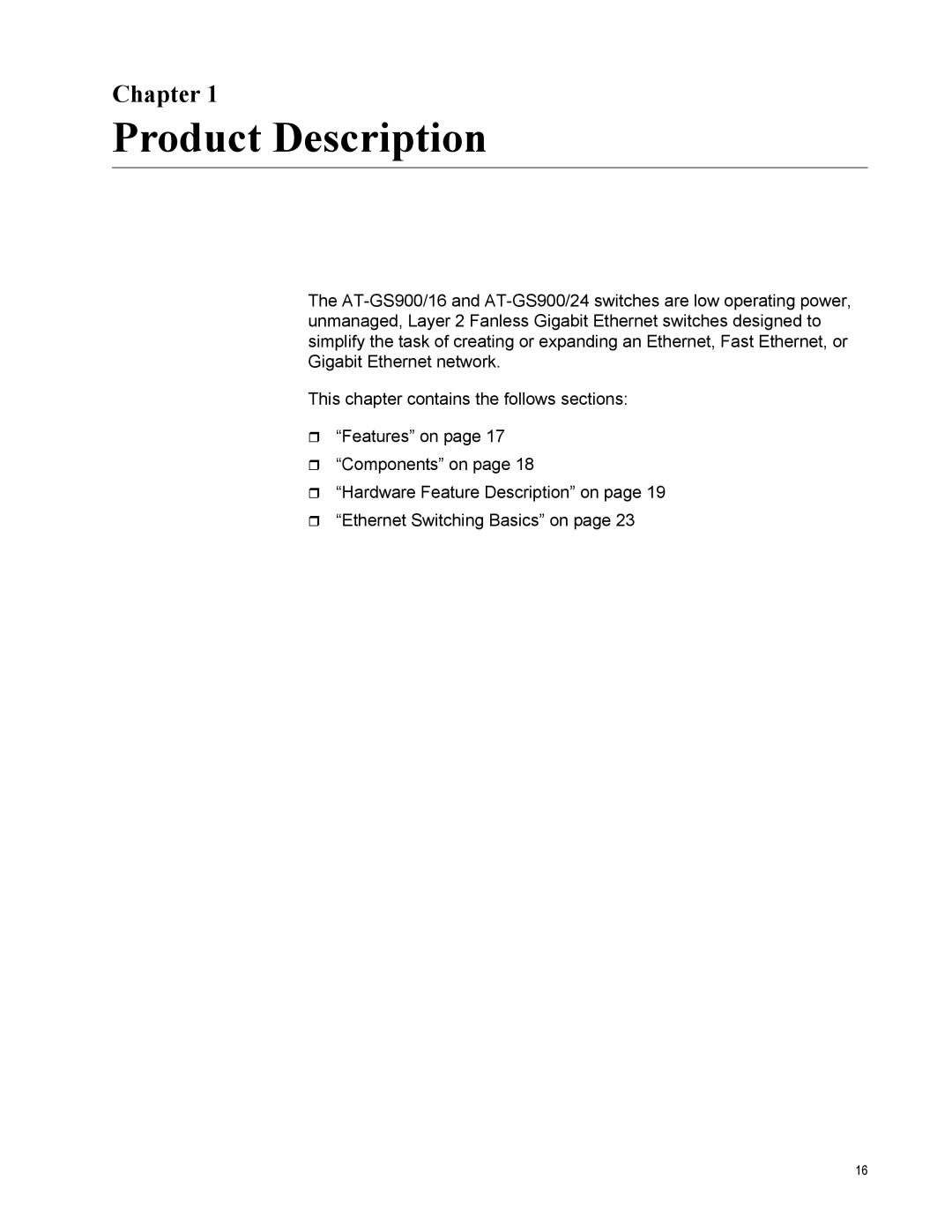 Allied Telesis AT-GS900/16 manual Product Description, Chapter 