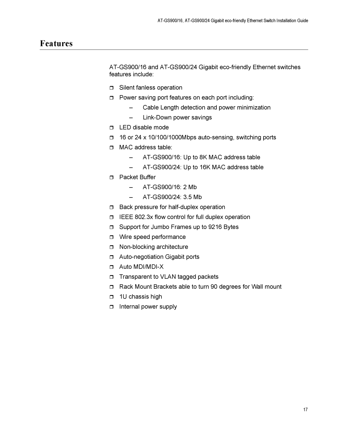 Allied Telesis AT-GS900/16 manual Features 