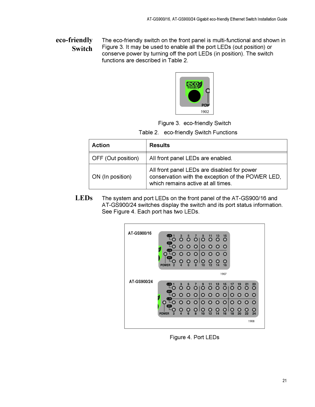 Allied Telesis AT-GS900/16 manual Eco-friendly Switch, Action Results 