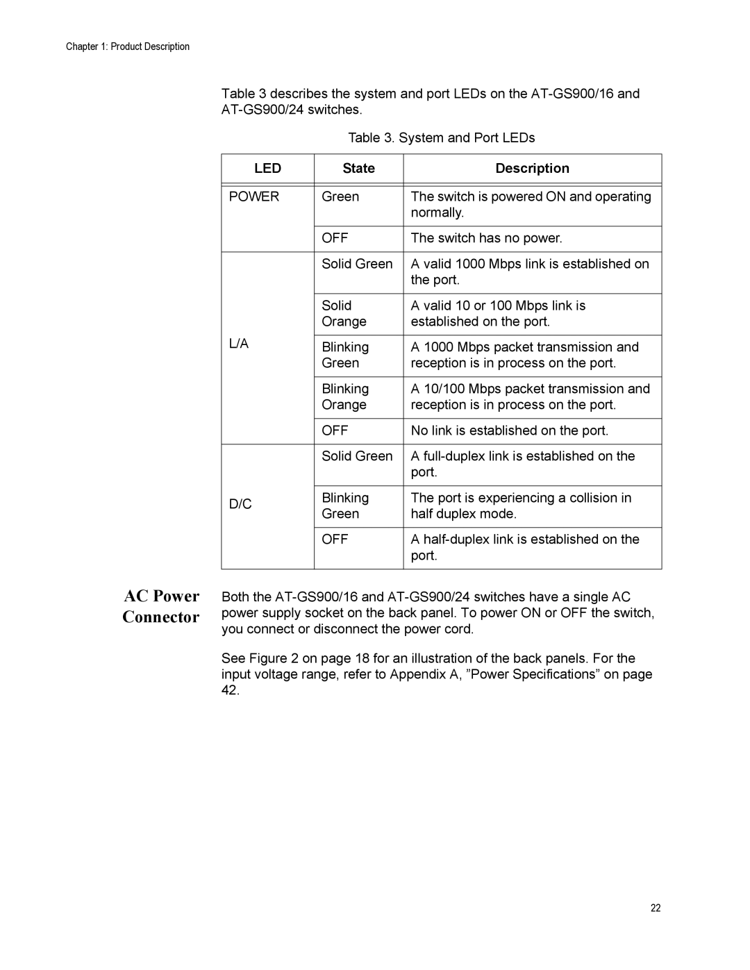 Allied Telesis AT-GS900/16 manual AC Power Connector, State Description 