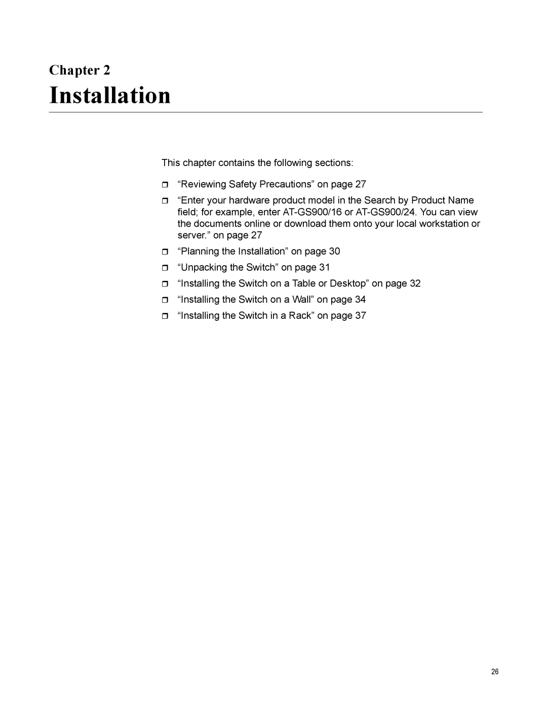 Allied Telesis AT-GS900/16 manual Installation, Chapter 