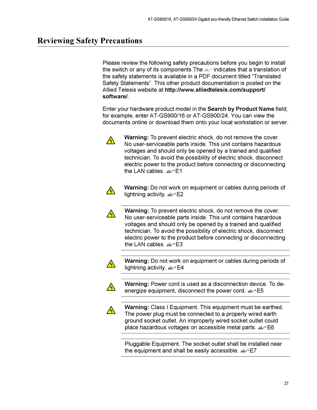 Allied Telesis AT-GS900/16 manual Reviewing Safety Precautions 