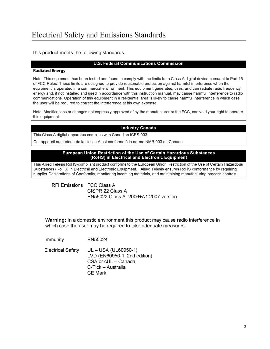 Allied Telesis AT-GS900/16 manual Electrical Safety and Emissions Standards 