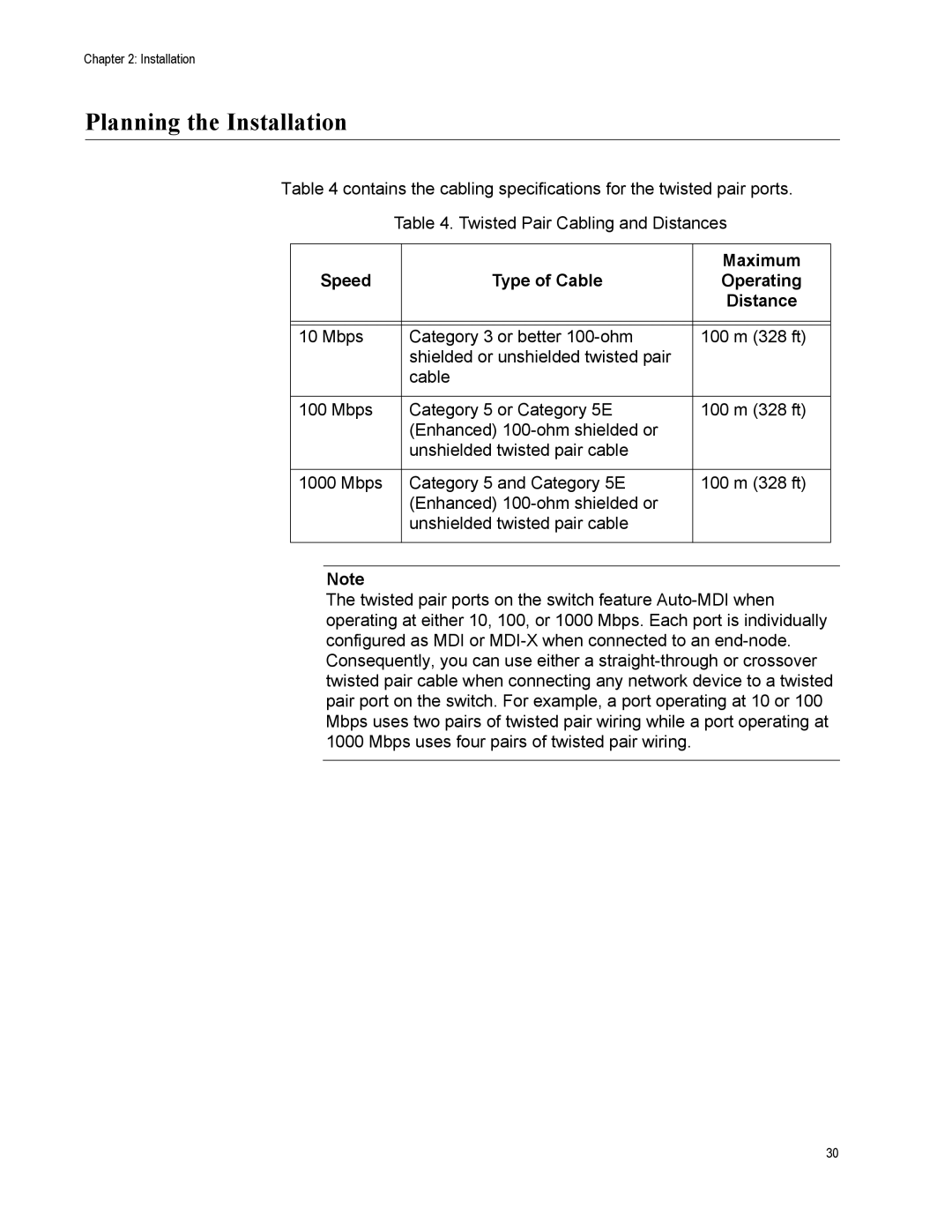 Allied Telesis AT-GS900/16 manual Planning the Installation, Speed Type of Cable Maximum 