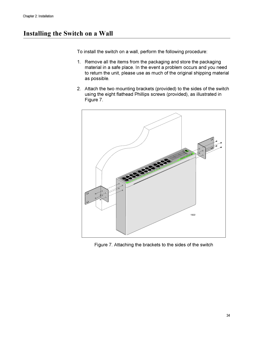 Allied Telesis AT-GS900/16 manual Installing the Switch on a Wall, Attaching the brackets to the sides of the switch 