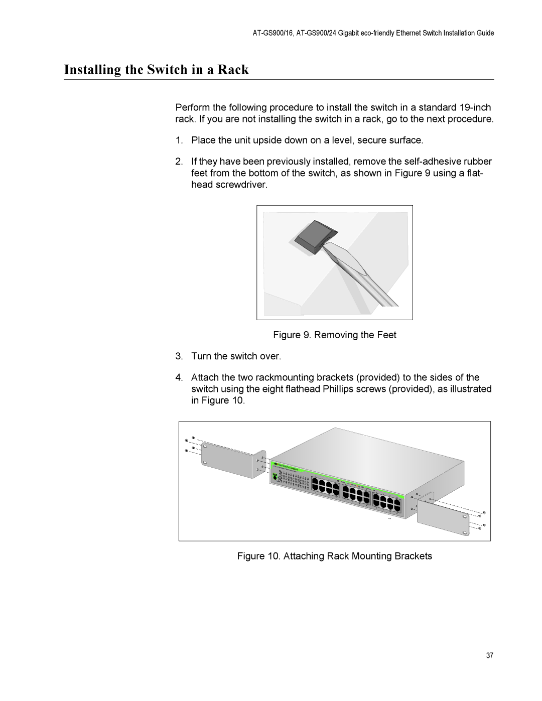 Allied Telesis AT-GS900/16 manual Installing the Switch in a Rack, Attaching Rack Mounting Brackets 