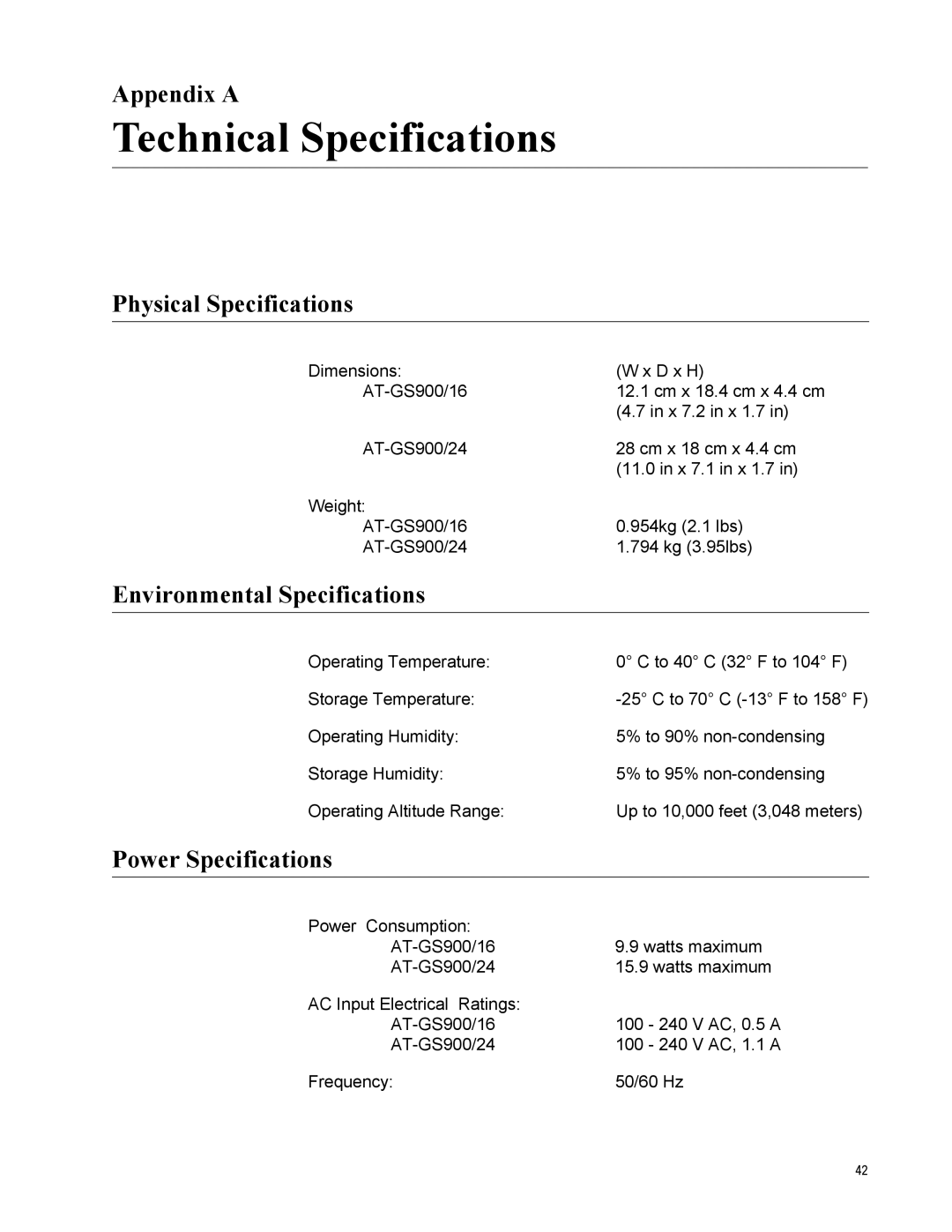 Allied Telesis AT-GS900/16 Technical Specifications, Appendix a, Physical Specifications, Environmental Specifications 