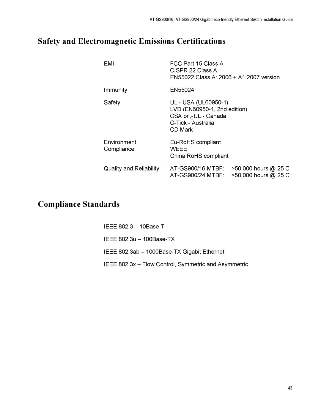 Allied Telesis AT-GS900/16 manual Safety and Electromagnetic Emissions Certifications, Compliance Standards 