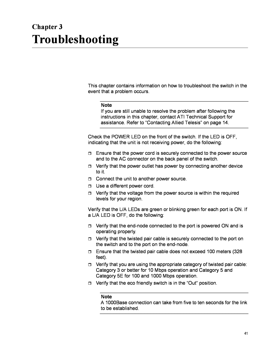 Allied Telesis AT-GS900/16 manual Troubleshooting, Chapter 