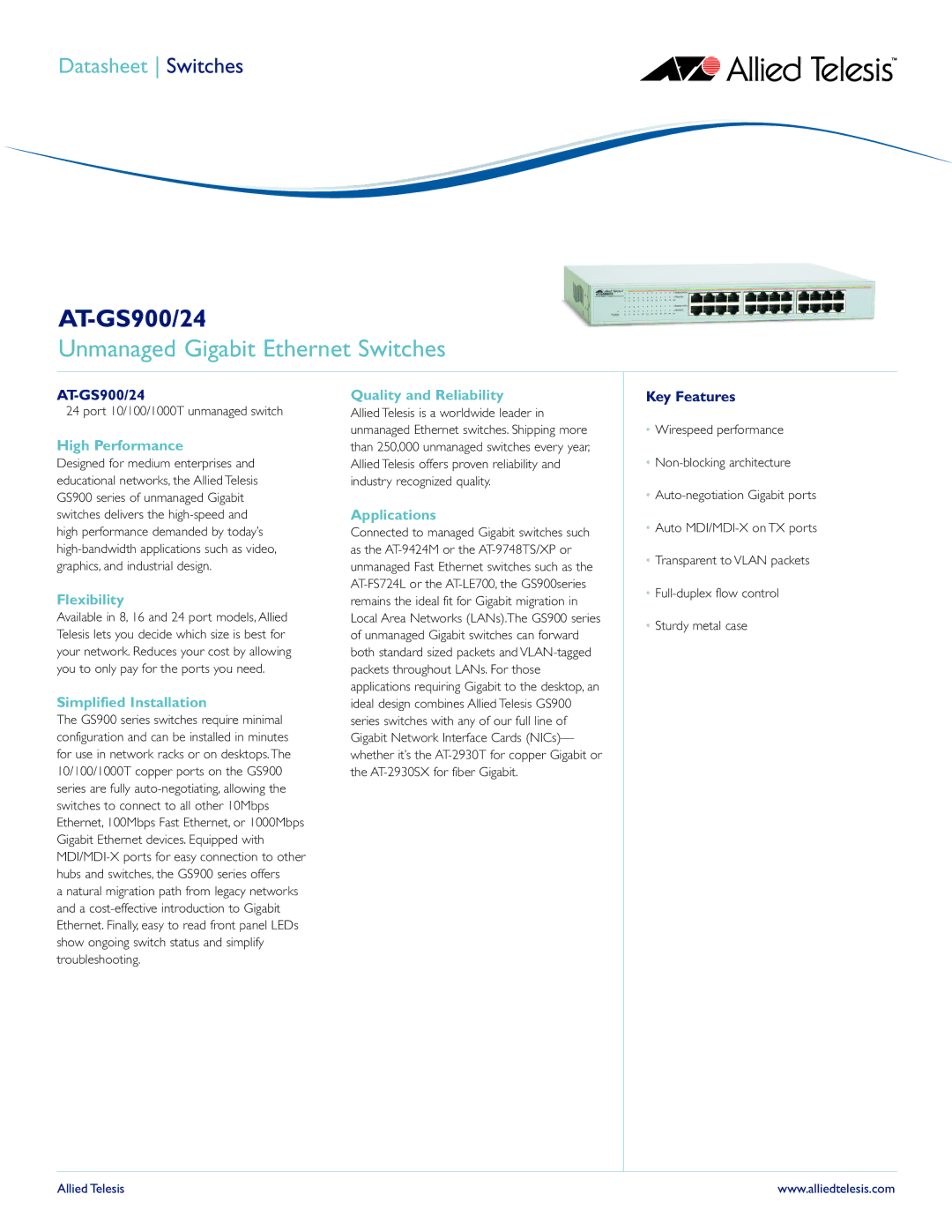 Allied Telesis AT-GS900/24 manual Unmanaged Gigabit Ethernet Switches 