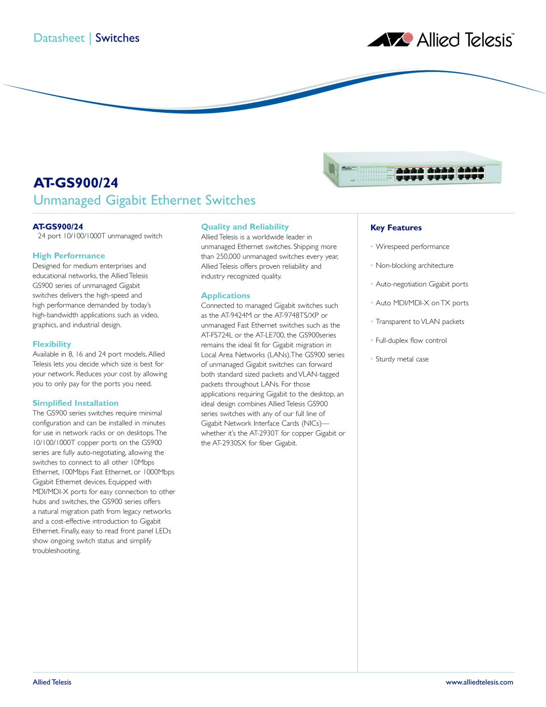 Allied Telesis AT-GS900/24 manual Unmanaged Gigabit Ethernet Switches, High Performance, Flexibility, Applications 