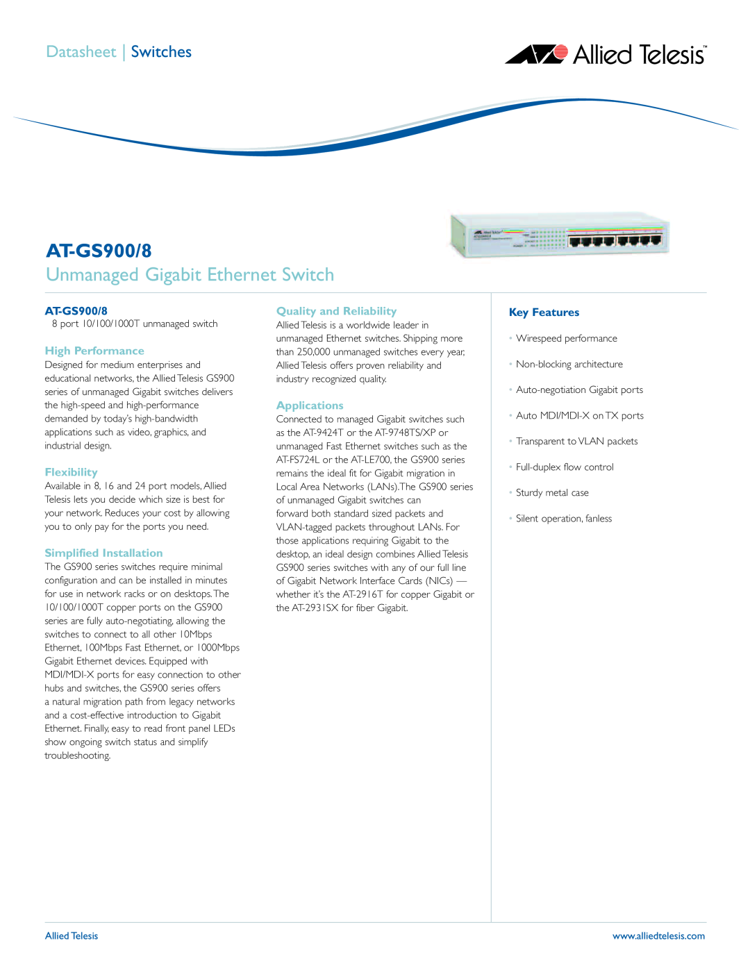 Allied Telesis AT-GS900/8 manual Unmanaged Gigabit Ethernet Switch, High Performance, Flexibility, Simplified Installation 