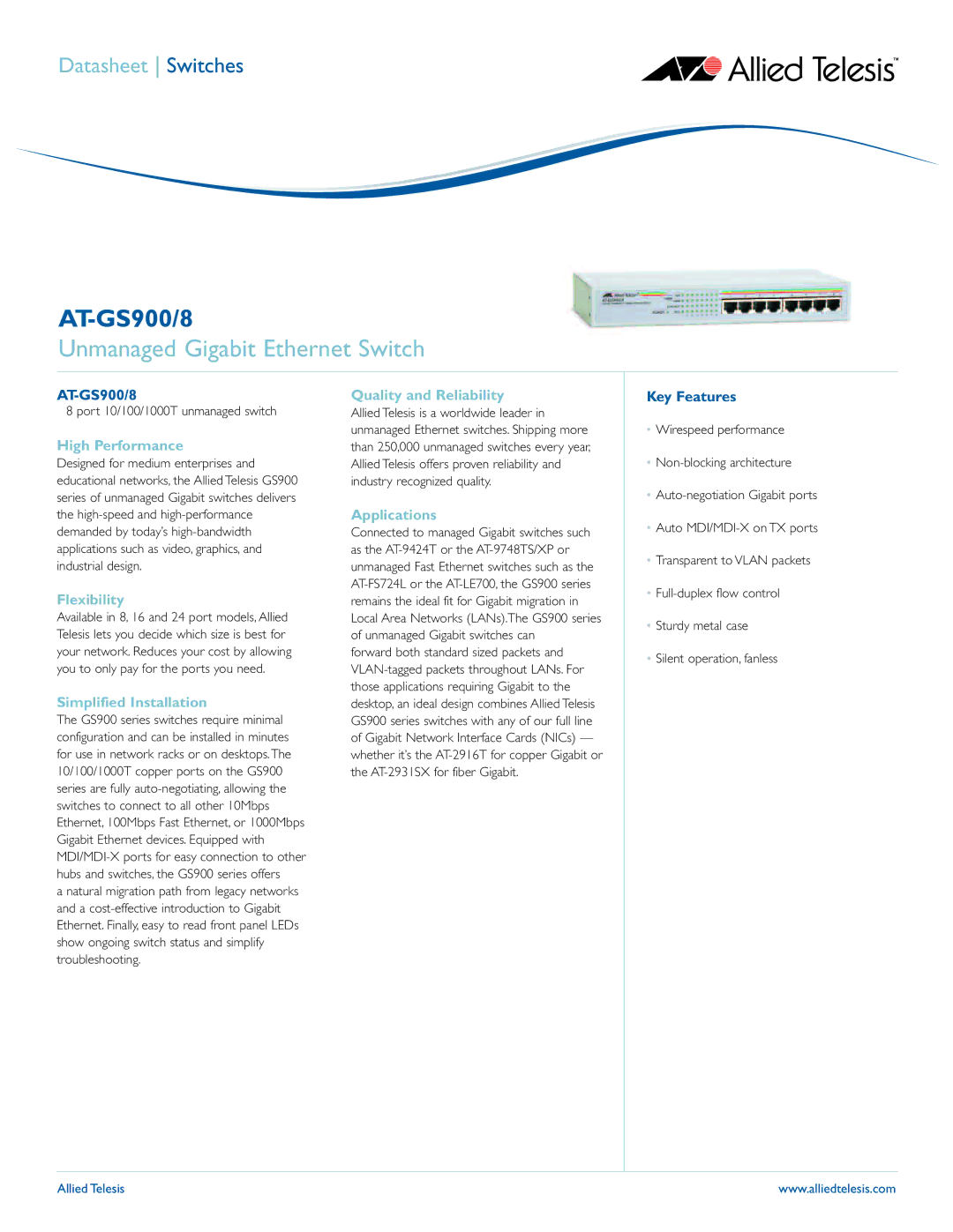 Allied Telesis AT-GS900/8 manual Unmanaged Gigabit Ethernet Switch 