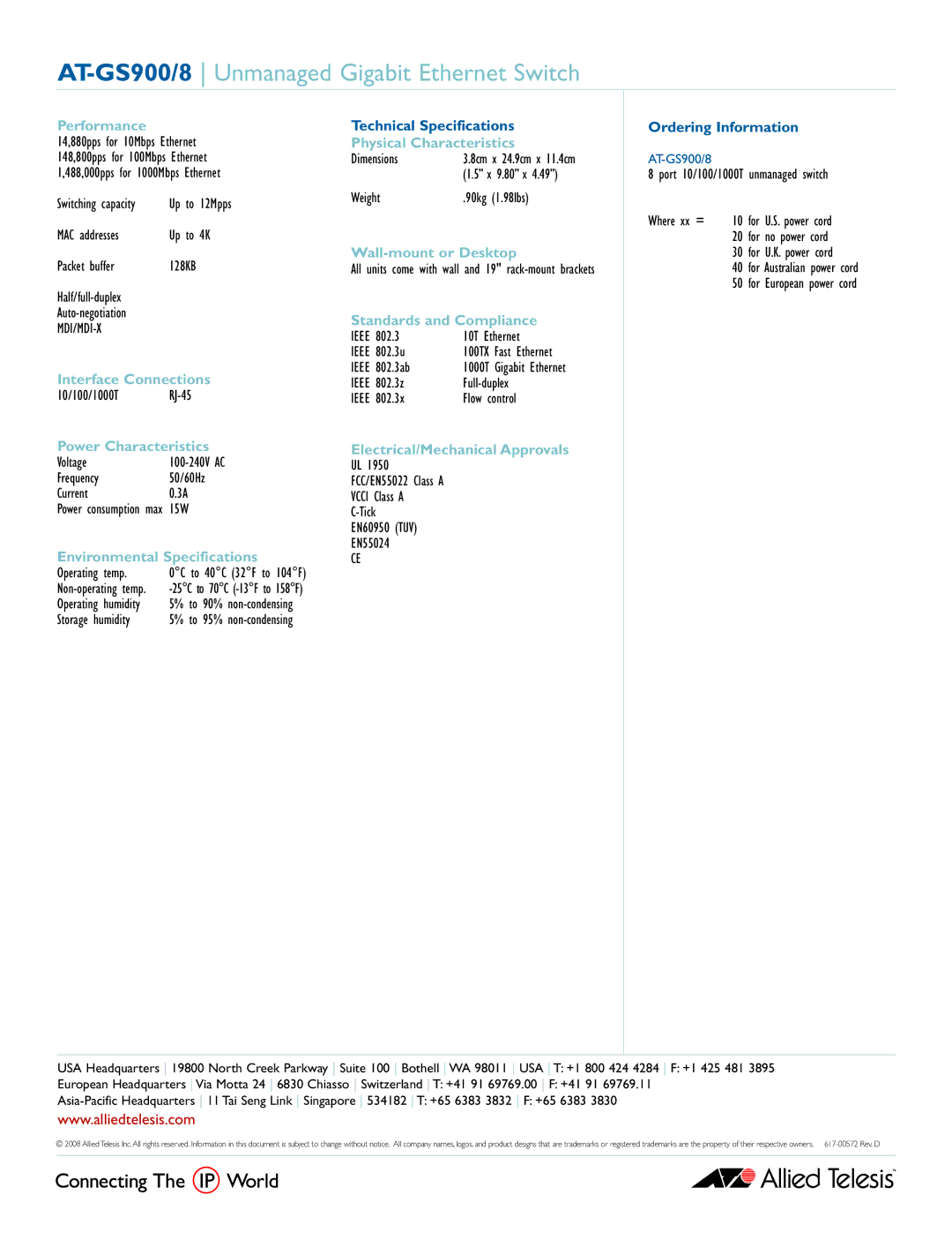 Allied Telesis manual AT-GS900/8 Unmanaged Gigabit Ethernet Switch 