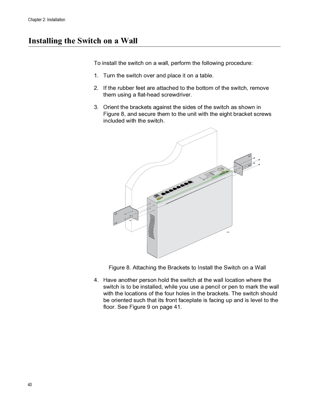 Allied Telesis AT-GS900/8PS manual Installing the Switch on a Wall 