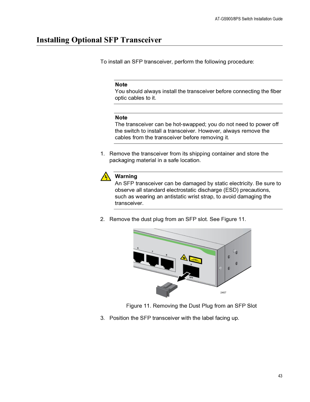 Allied Telesis AT-GS900/8PS manual Installing Optional SFP Transceiver 