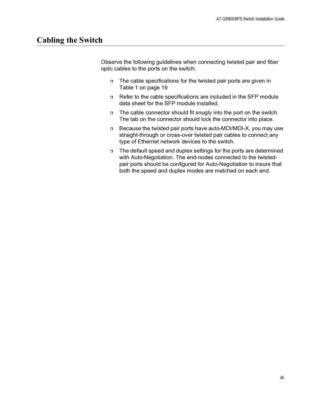 Allied Telesis AT-GS900/8PS manual Cabling the Switch 