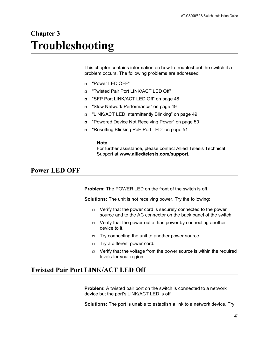 Allied Telesis AT-GS900/8PS manual Troubleshooting, Power LED OFF, Twisted Pair Port LINK/ACT LED Off 