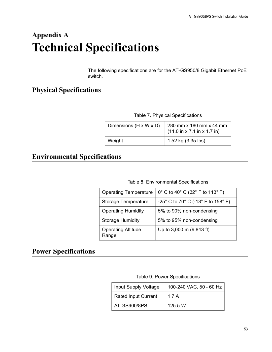 Allied Telesis 8PS manual Technical Specifications, Appendix a, Physical Specifications, Environmental Specifications 