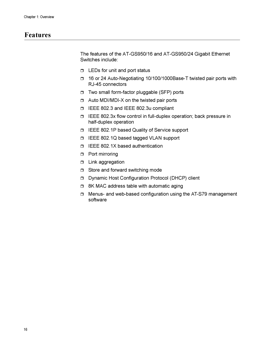 Allied Telesis AT-GS950/16-10 manual Features 