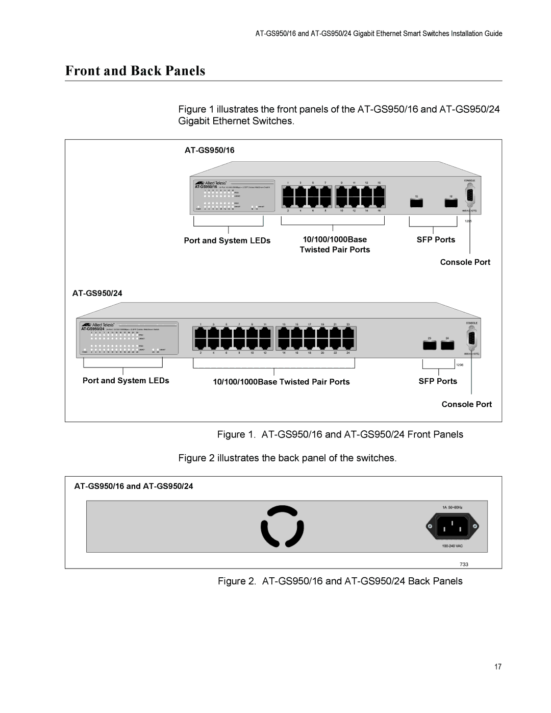 Allied Telesis AT-GS950/16-10 manual Front and Back Panels, AT-GS950/16 and AT-GS950/24 Front Panels 