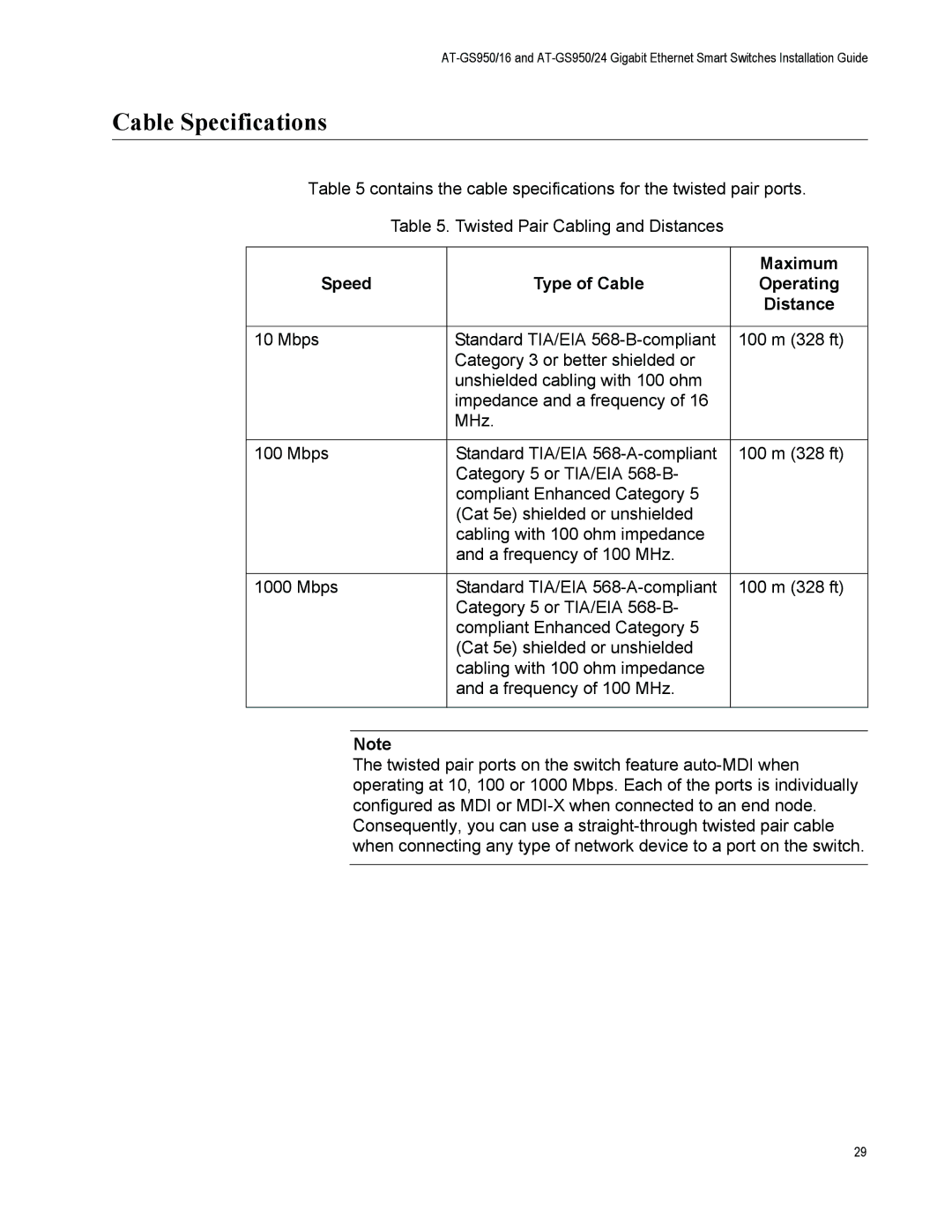 Allied Telesis AT-GS950/16-10 manual Cable Specifications, Speed Type of Cable 